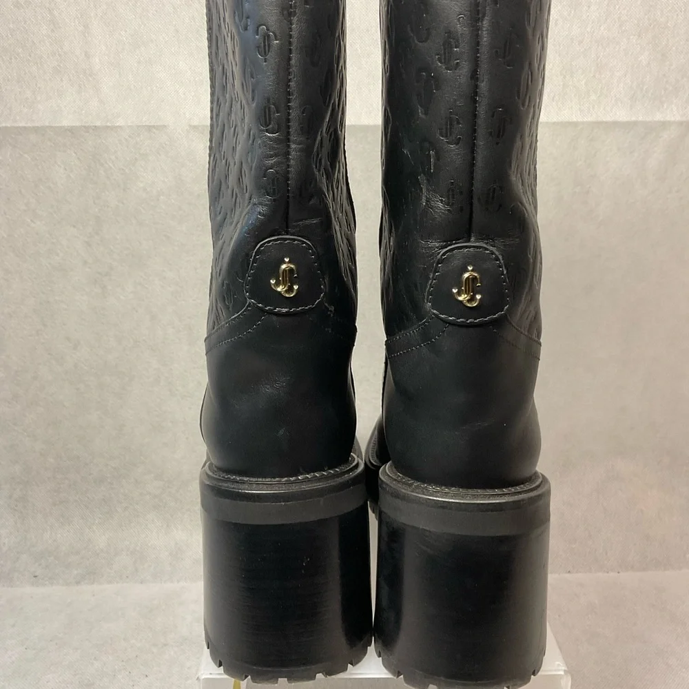 Jimmy Choo Monogram Embossed Leather Wedge Boots- Black- Barely Worn- Size 37.5 - Picture 6 of 14